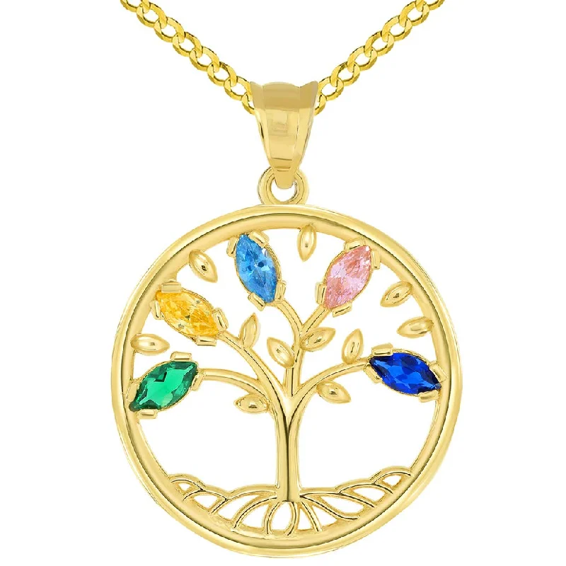 14k Gold Cubic Zirconia Round Elegant Tree of Life Medallion Pendant Curb Chain Necklace - Yellow Gold