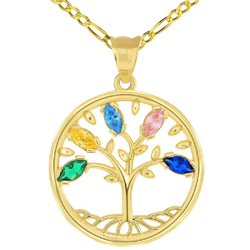 14k Gold Cubic Zirconia Round Elegant Tree of Life Medallion Pendant Figaro Chain Necklace - Yellow Gold