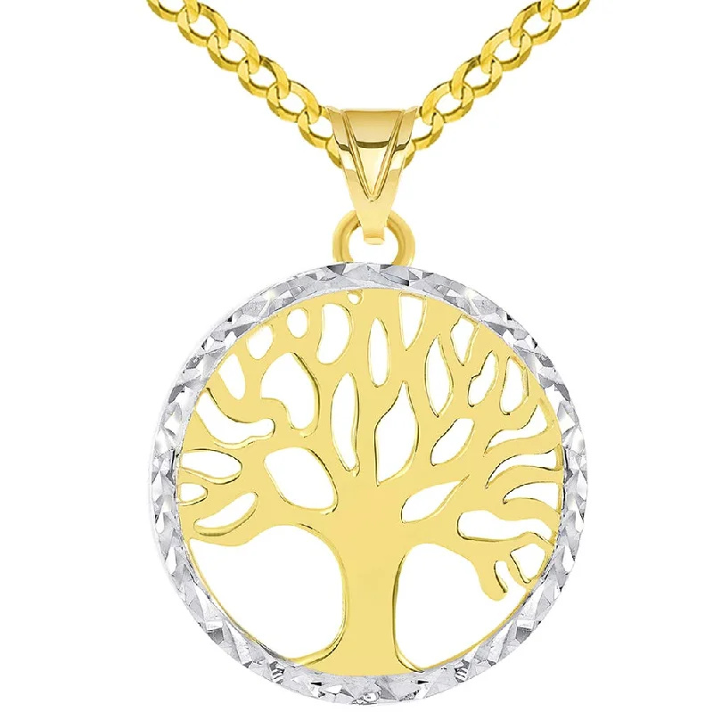 14k Gold Textured and Polished Round Tree of Life Medallion Pendant with Curb Chain Necklace - Yellow Gold