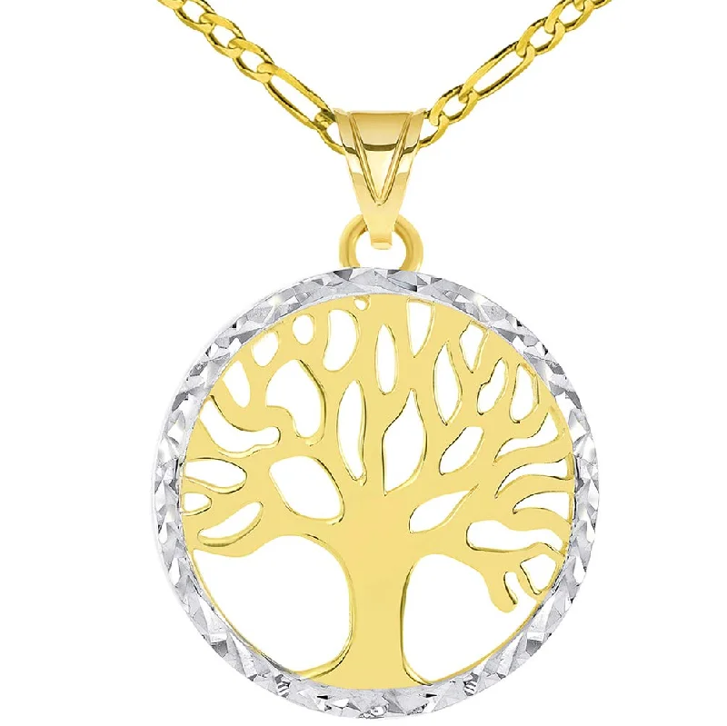 14k Gold Textured and Polished Round Tree of Life Medallion Pendant with Figaro Chain Necklace - Yellow Gold