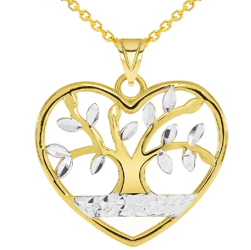 14k Gold Textured Heart Shaped Two Tone Tree of Life Pendant Necklace - Yellow Gold