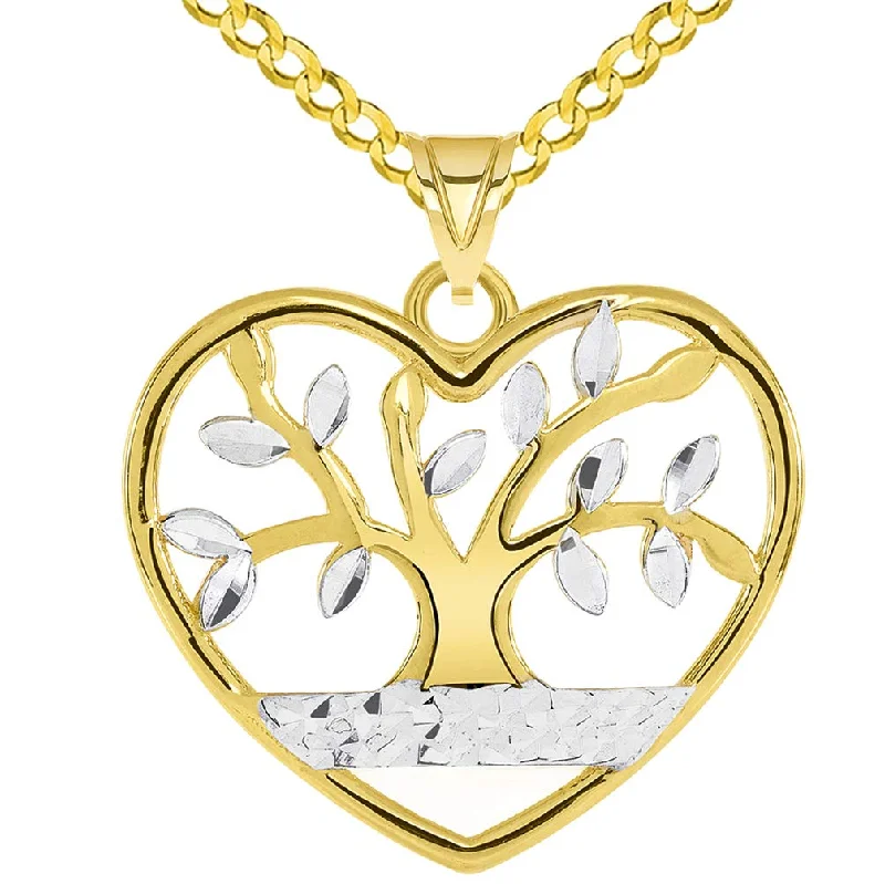 14k Gold Textured Heart Shaped Two Tone Tree of Life Pendant with Curb Chain Necklace - Yellow Gold