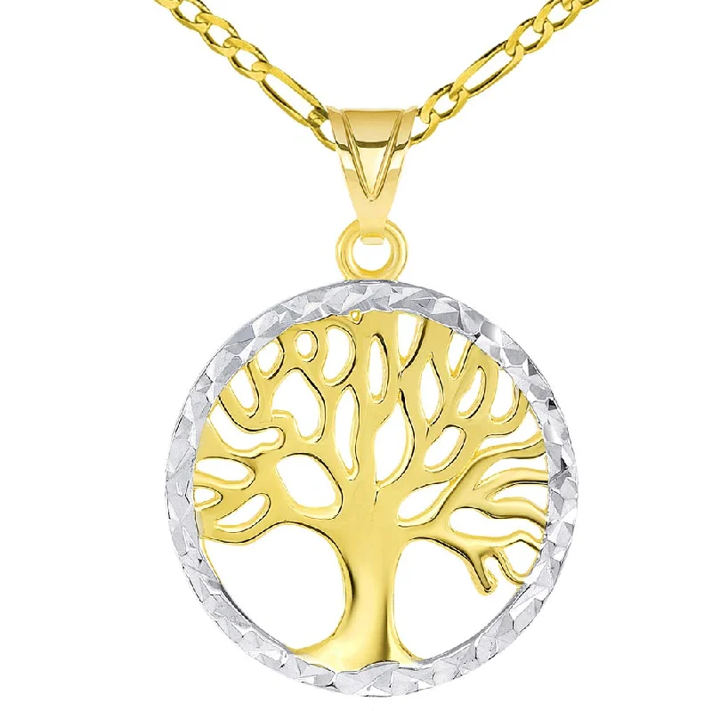 14k Gold Textured Round Two Tone Tree of Life Medal Pendant with Figaro Chain Necklace - Yellow Gold