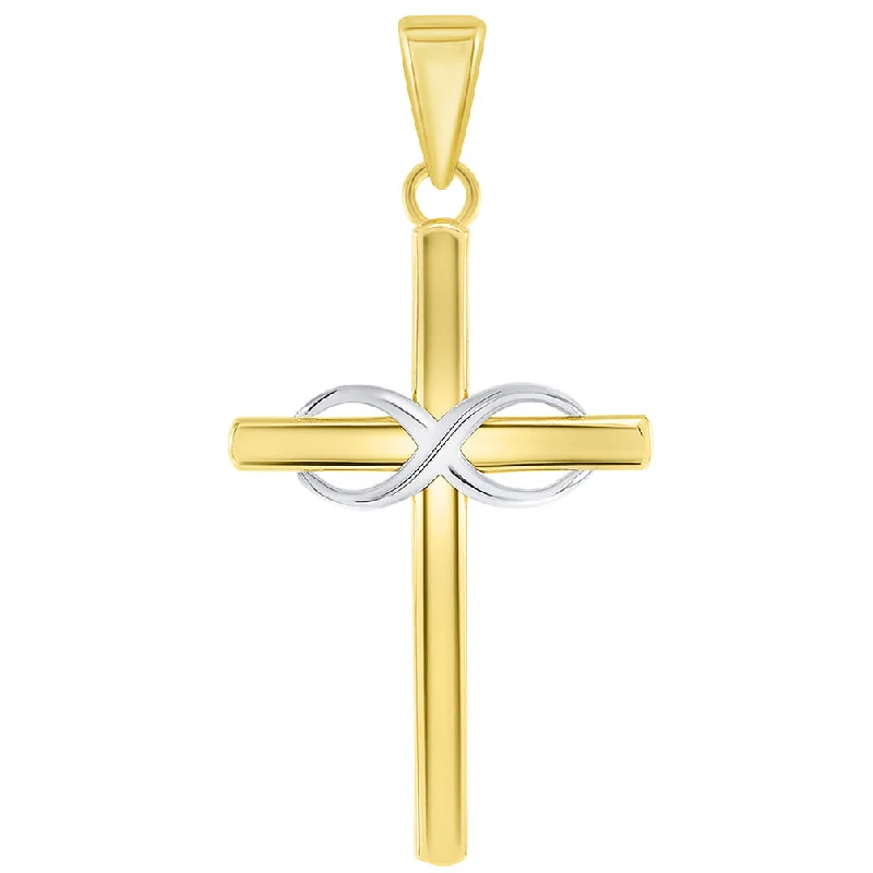 14k Two-Tone Gold Religious Plain Cross and Infinity Eternity Symbol Pendant