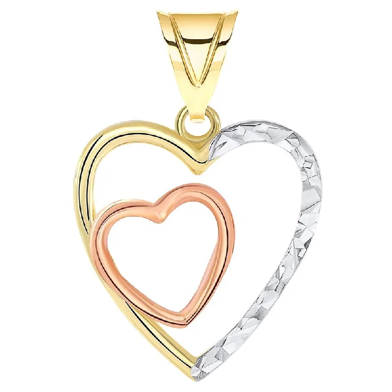 14k Yellow and Rose Gold Textured Tri-Tone Double Open Heart Pendant