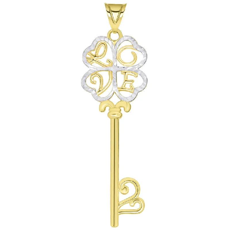 14k Yellow Gold Celtic Two Tone Four Leaf Clover Love Key Pendant