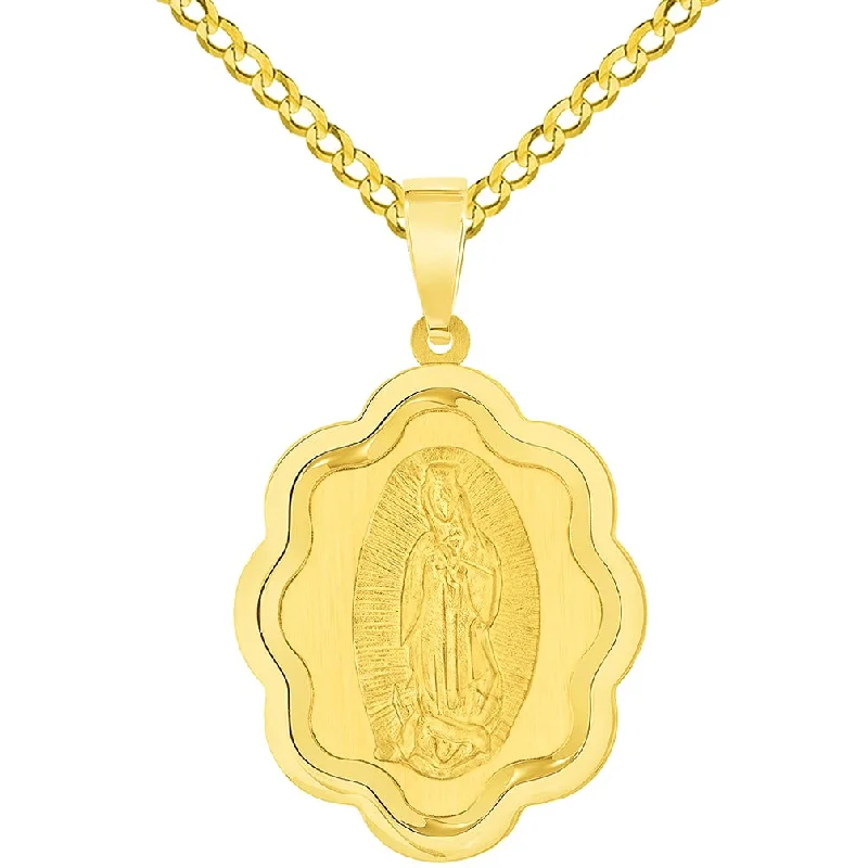 14k Yellow Gold Elegant Miraculous Medal of Our Lady of Guadalupe Pendant with Cuban Chain Curb Necklace