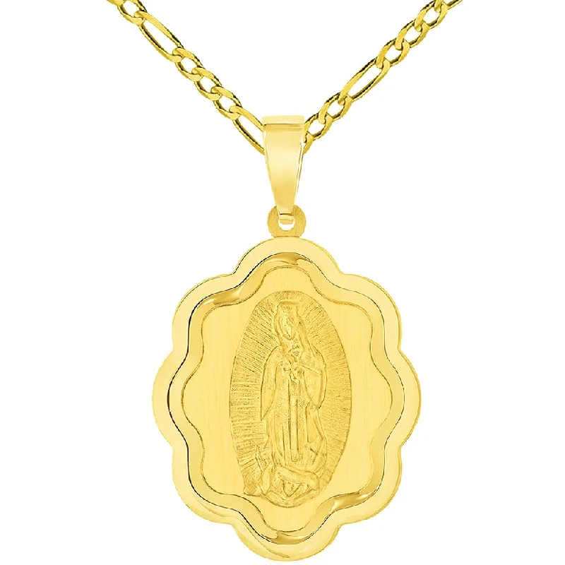 14k Yellow Gold Elegant Miraculous Medal of Our Lady of Guadalupe Pendant with Figaro Chain Necklace