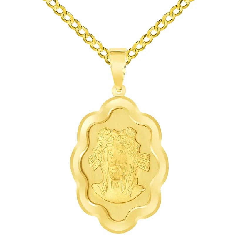 14k Yellow Gold Face of Jesus Christ On Elegant Miraculous Medal Pendant with Cuban Chain Curb Necklace