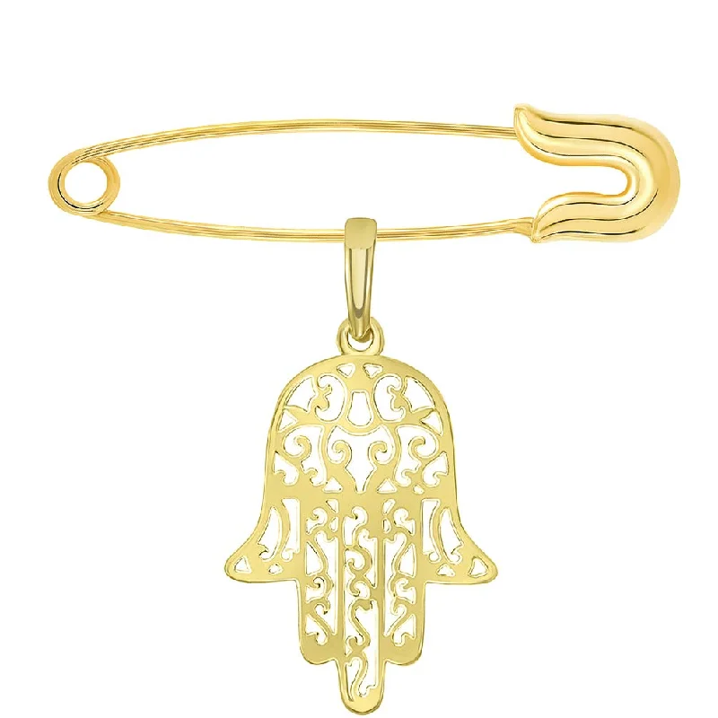 14k Yellow Gold Filigree Hamsa Hand of Fatima Charm Pendant with Safety Pin Brooch