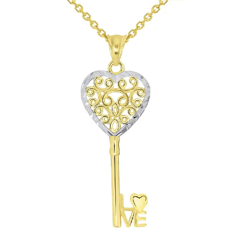 14k Yellow Gold Filigree Two Tone Heart Key with "Love" Pendant Necklace Available with Rolo, Curb, or Figaro Chain