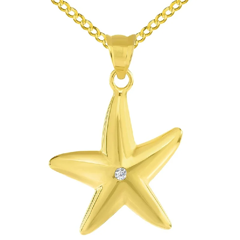 14k Yellow Gold High Polish Cubic Zirconia Studded Starfish Pendant with Curb Chain Necklace