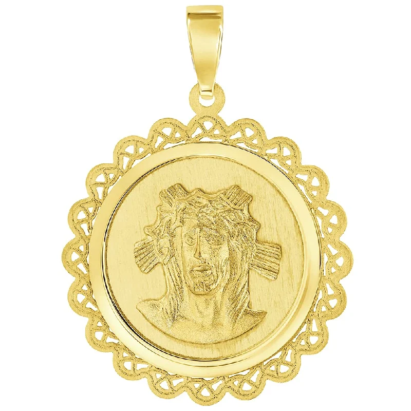 14k Yellow Gold Holy Face of Jesus Christ On Round Ornate Miraculous Medal Pendant (1")