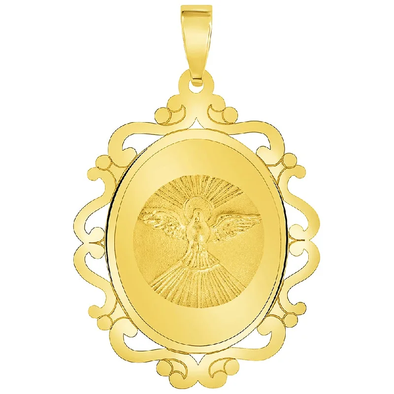 14k Yellow Gold Holy Spirit Dove Religious Elegant Ornate Medal Pendant (1")