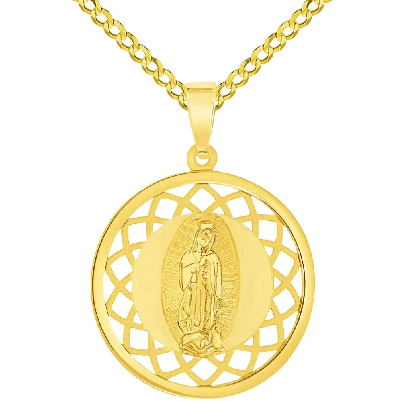 14k Yellow Gold Miraculous Medal of Our Lady of Guadalupe Pendant with Cuban Chain Curb Necklace