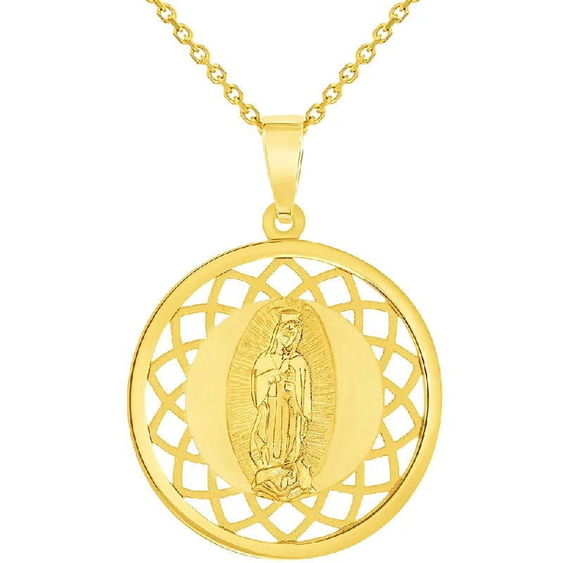 14k Yellow Gold Ornate Miraculous Medal of Our Lady of Guadalupe Pendant Necklace