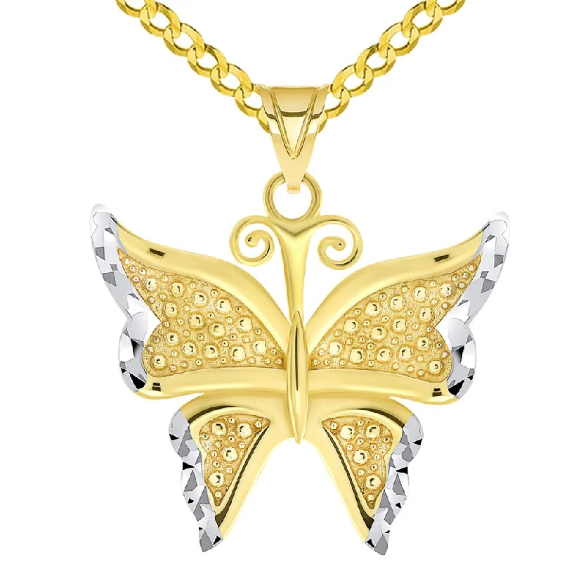 14k Yellow Gold Polished and Textured Two-Tone Butterfly Pendant Curb Chain Necklace