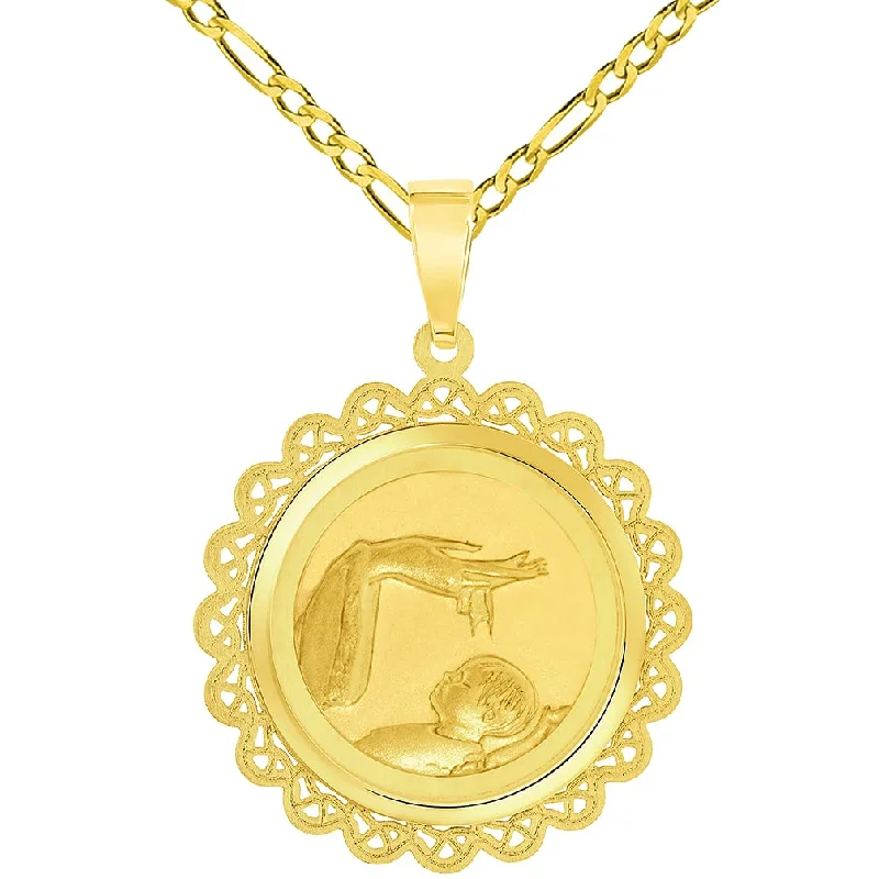 14k Yellow Gold Religious Baptism Charm Christening On Round Ornate Medal Pendant with Figaro Chain Necklace