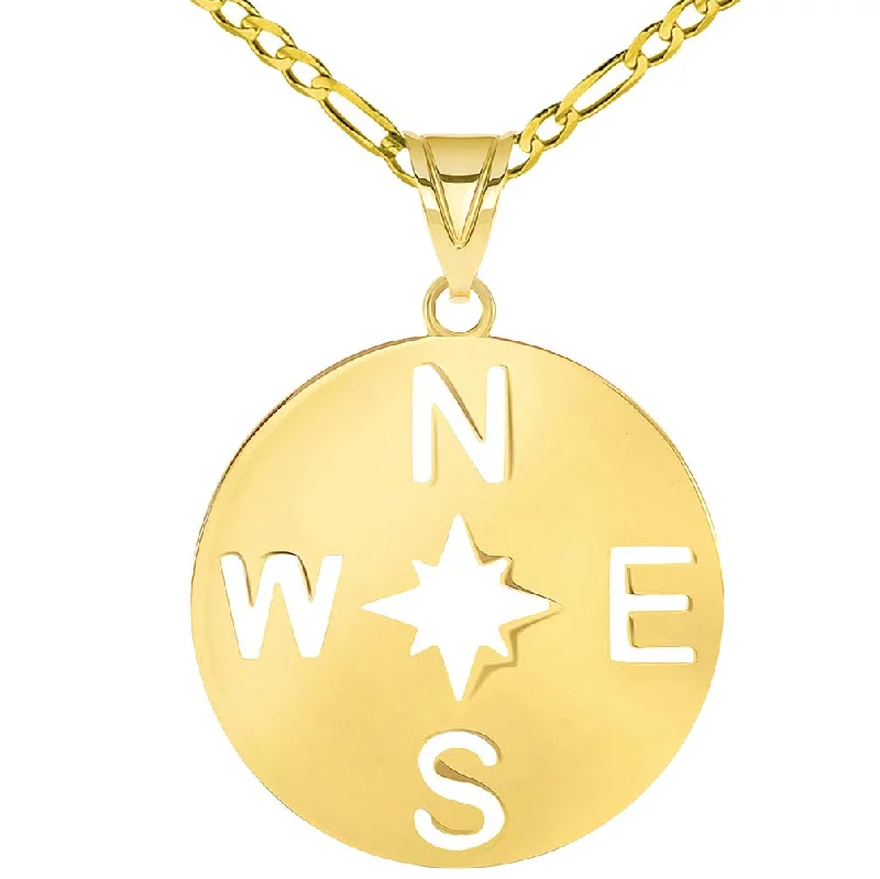 14k Yellow Gold Round 8-Point Wind North Star Compass Rose Pendant Figaro Chain Necklace