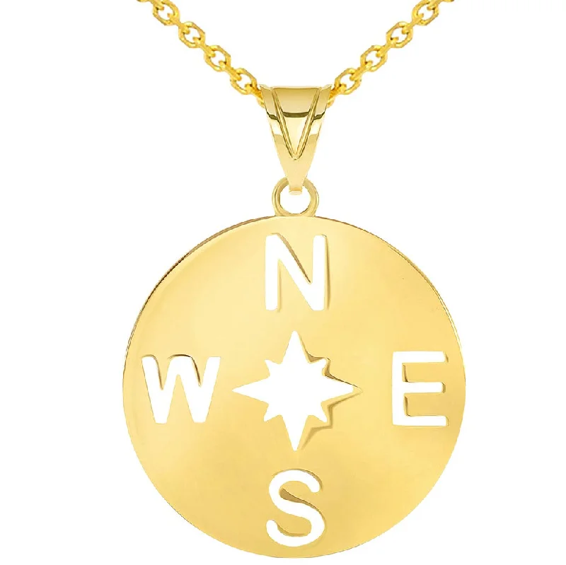 14k Yellow Gold Round 8-Point Wind North Star Compass Rose Pendant Rolo Cable Chain Necklace