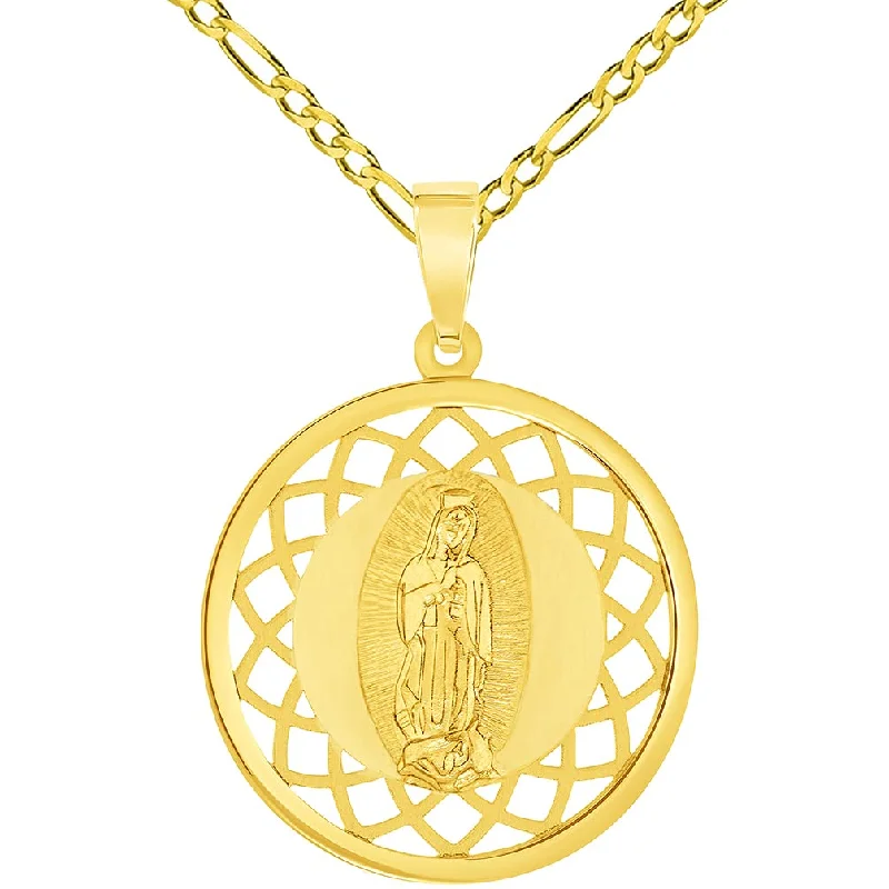 14k Yellow Gold Round Medal of Our Lady of Guadalupe Pendant with Figaro Chain Necklace