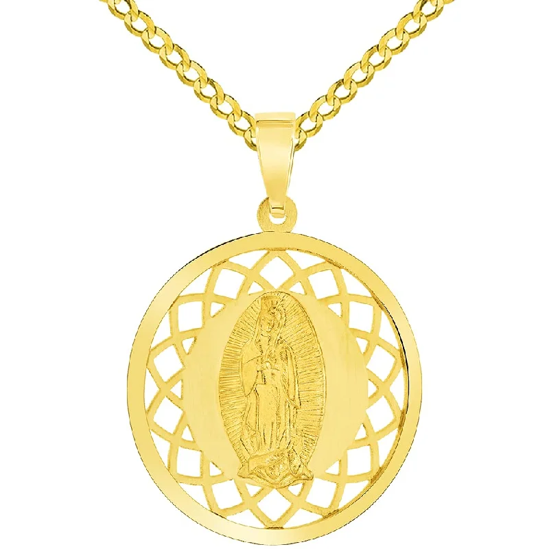 14k Yellow Gold Round Open Ornate Miraculous Medal of Our Lady of Guadalupe Pendant with Cuban Chain Curb Necklace