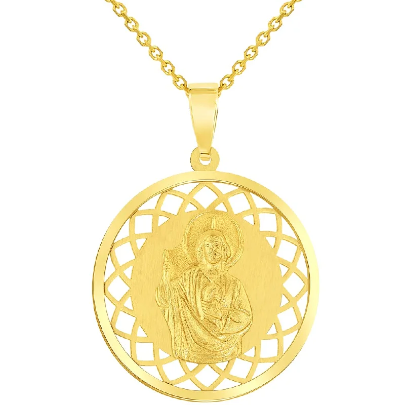 14k Yellow Gold Round Open Ornate Miraculous Medal of Saint Jude Thaddeus the Apostle Pendant Necklace