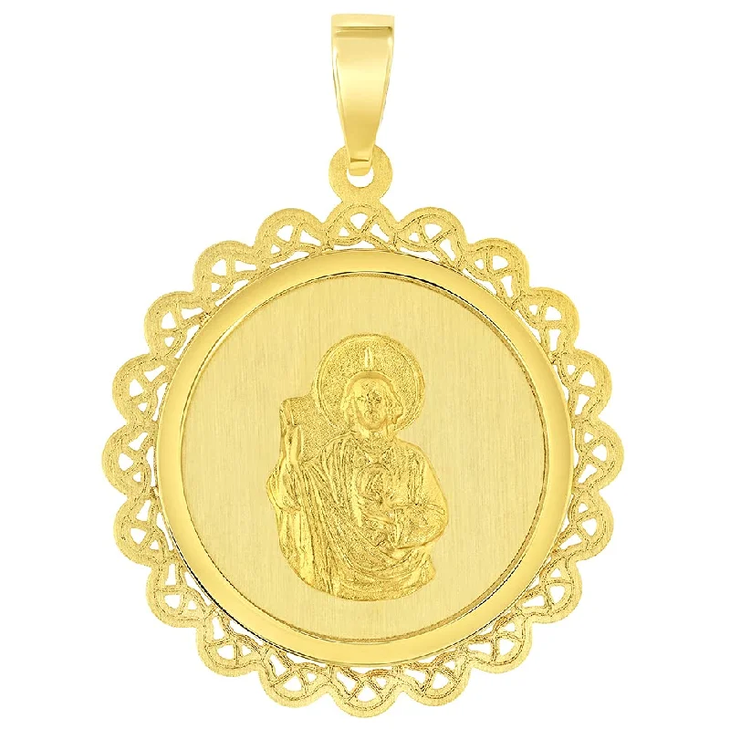 14k Yellow Gold Round Ornate Miraculous Medal of Saint Jude Thaddeus the Apostle Pendant (1")