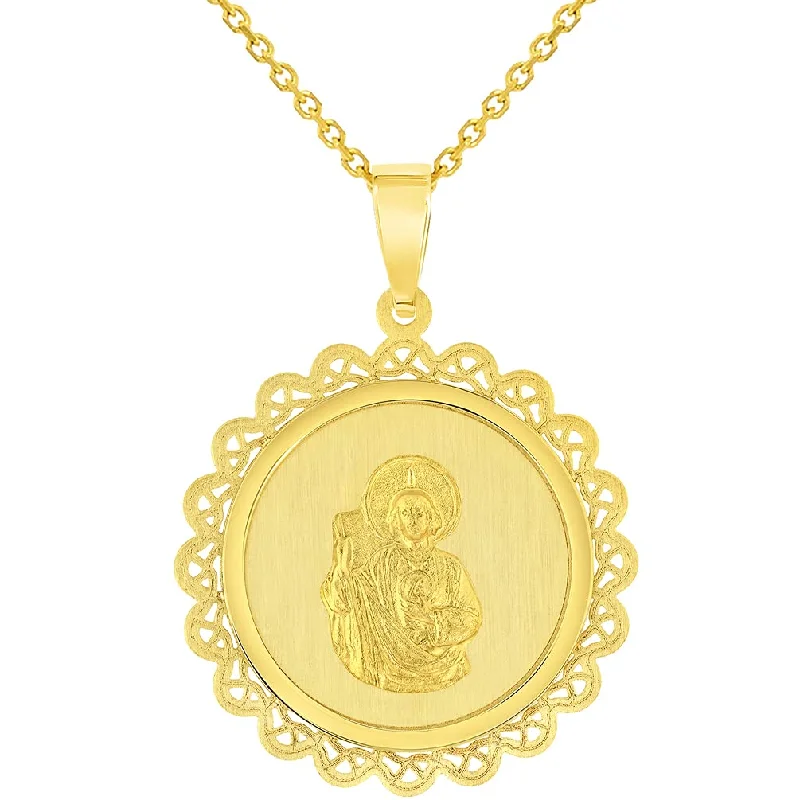 14k Yellow Gold Round Ornate Miraculous Medal of Saint Jude Thaddeus the Apostle Pendant Necklace