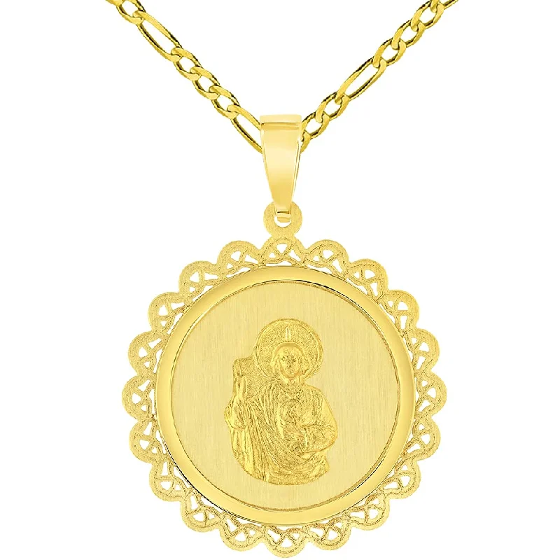 14k Yellow Gold Round Ornate Miraculous Medal of Saint Jude Thaddeus the Apostle Pendant with Figaro Chain Necklace