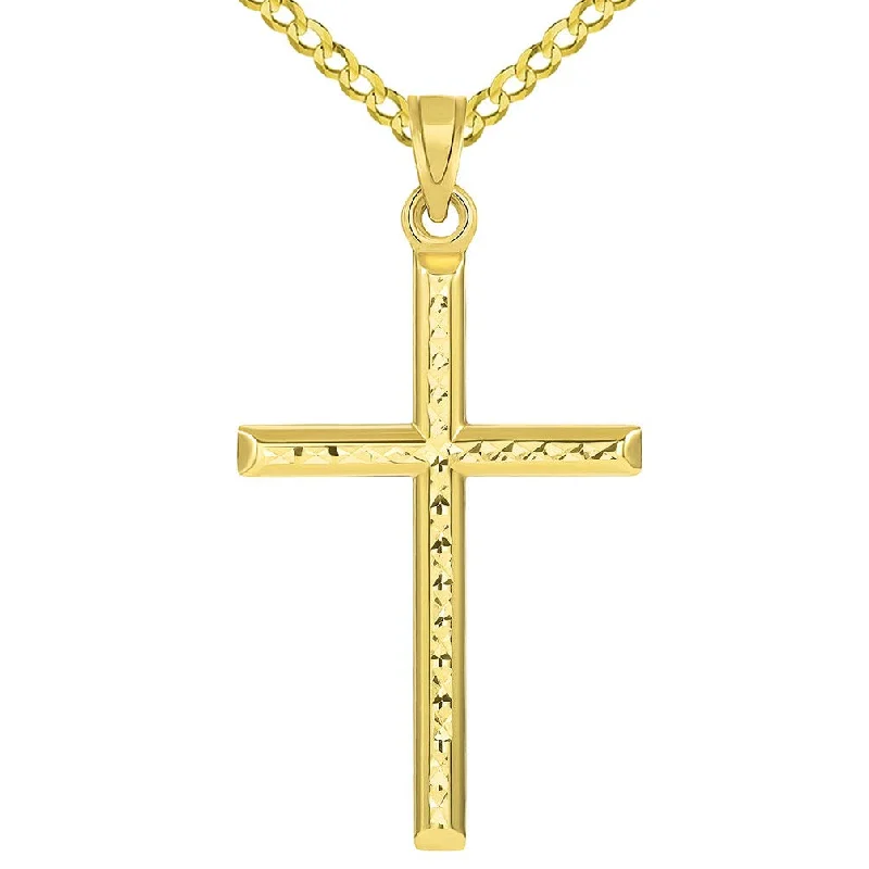 14k Yellow Gold Textured Religious Classic Tube Cross Pendant with Cuban Necklace