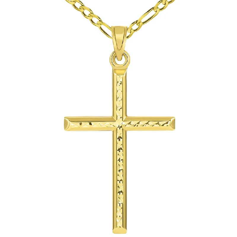 14k Yellow Gold Textured Religious Classic Tube Cross Pendant with Figaro Necklace