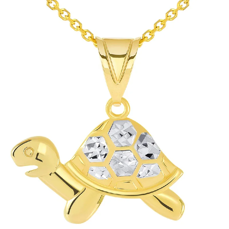 14k Yellow Gold Textured Sideview Two-Tone Turtle Charm Pendant Necklace