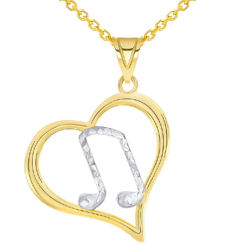 14k Yellow Gold Textured Two Tone Musical G Clef Note In Open Heart Pendant Necklace