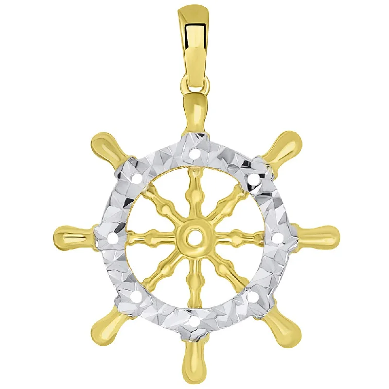 14k Yellow Gold Textured Two Tone Ships Wheel Pendant