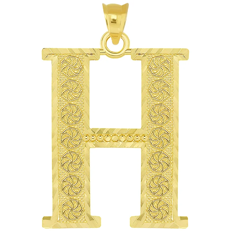 14k Yellow Gold Textured Uppercase Initial H Letter Pendant with Eternity Symbols 1 inch