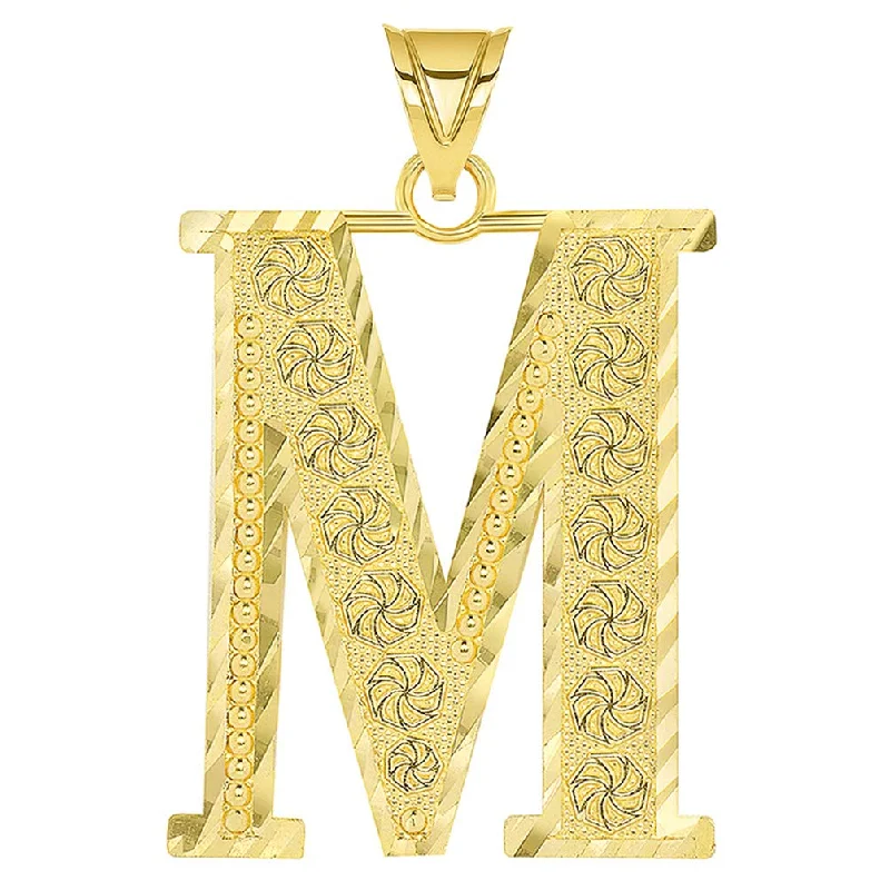 14k Yellow Gold Textured Uppercase Initial M Letter Pendant with Eternity Symbols 1 inch