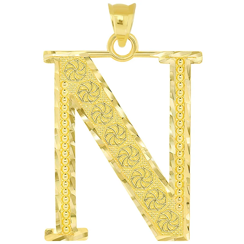 14k Yellow Gold Textured Uppercase Initial N Letter Pendant with Eternity Symbols 1 inch