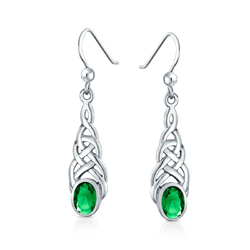 BFF Green Oval Simulated Emerald Love Knot Dangle Earrings in Sterling Silver