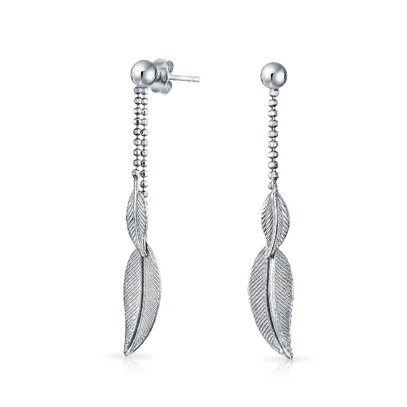 Boho Native American Style Dangle Earrings with Feather Leaf Design in Sterling Silver