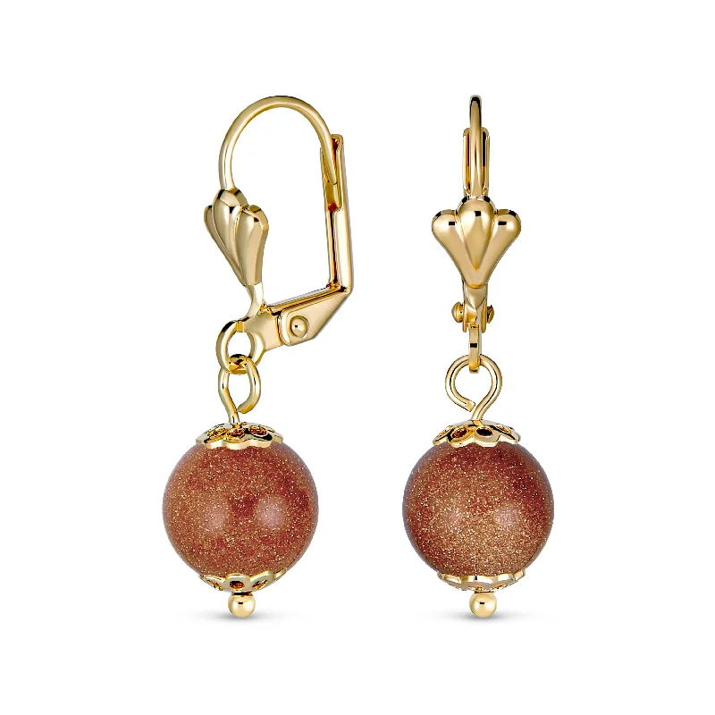 Classic Round Brown Goldstone Drop Ball Earrings 18K Gold Plated 8MM