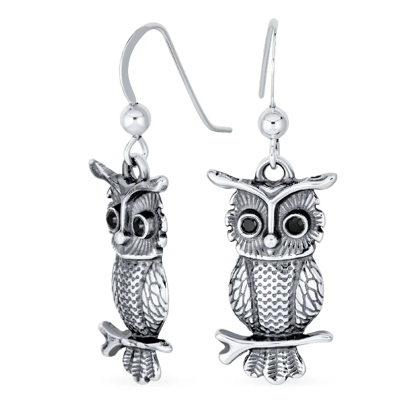 Flying Bird Dangle Gemstone Earrings Owl Design Oxidized  Sterling Silver