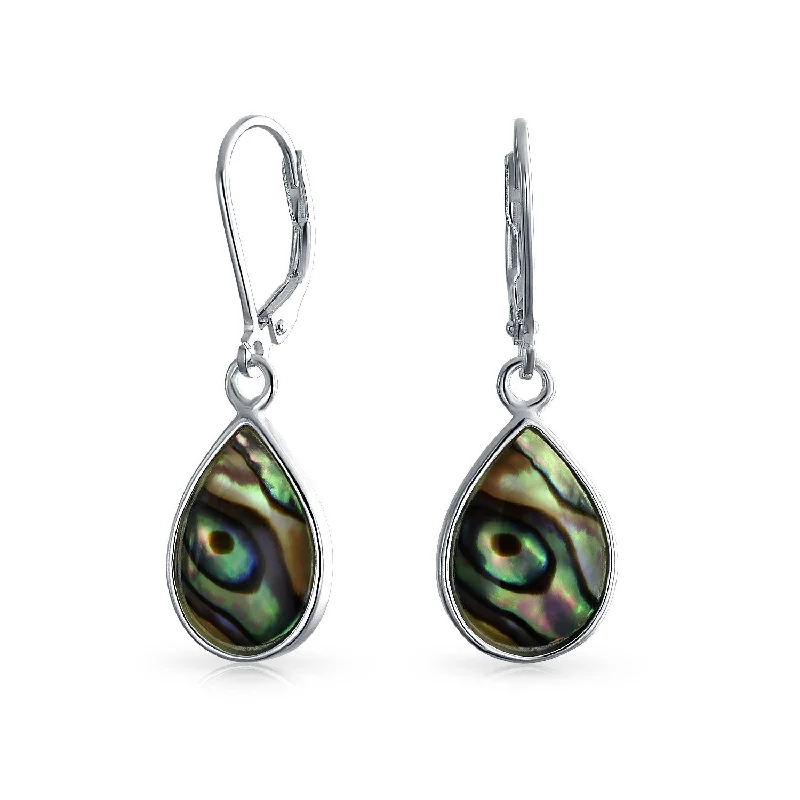 Geometric Iridescent Abalone Shell Teardrop Dangle Earrings in Sterling Silver