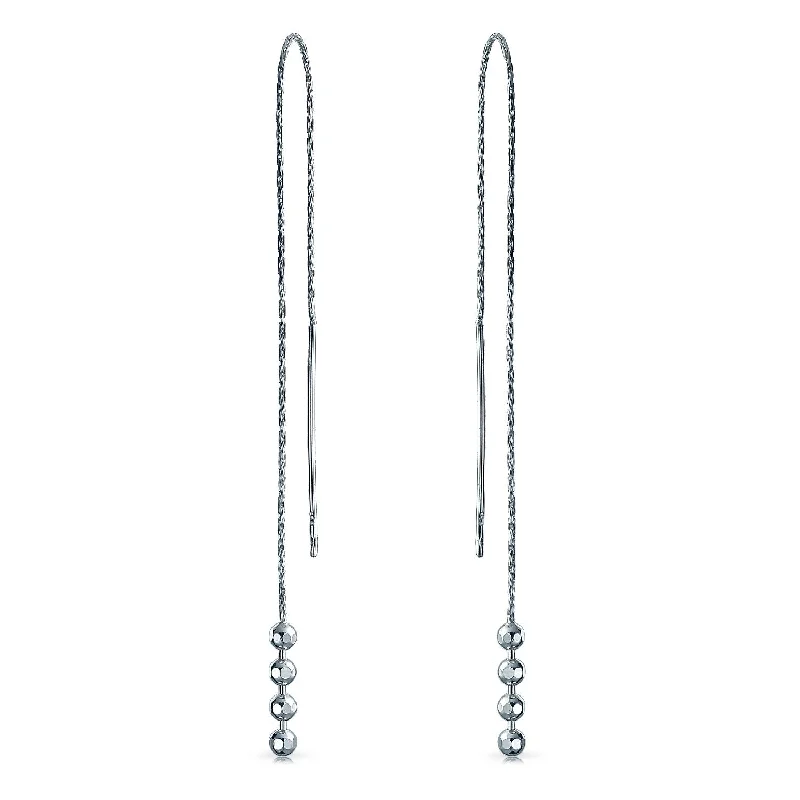 Geometric Minimalist Dangle Earrings Long Chain with Four Bead Balls in Sterling Silver