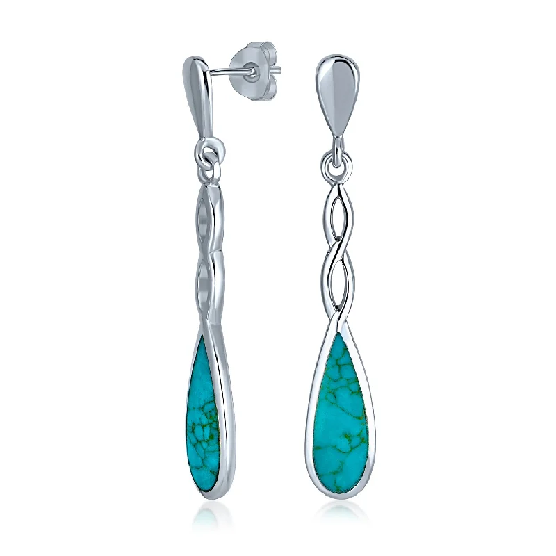 Linear Infinity Spiral Twist Teardrop Dangle Gemstone Earrings Blue Turquoise Sterling Silver