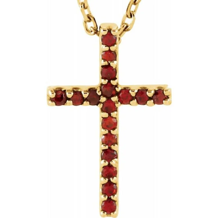 14K Yellow Natural Mozambique Garnet Petite Cross 16" Necklace