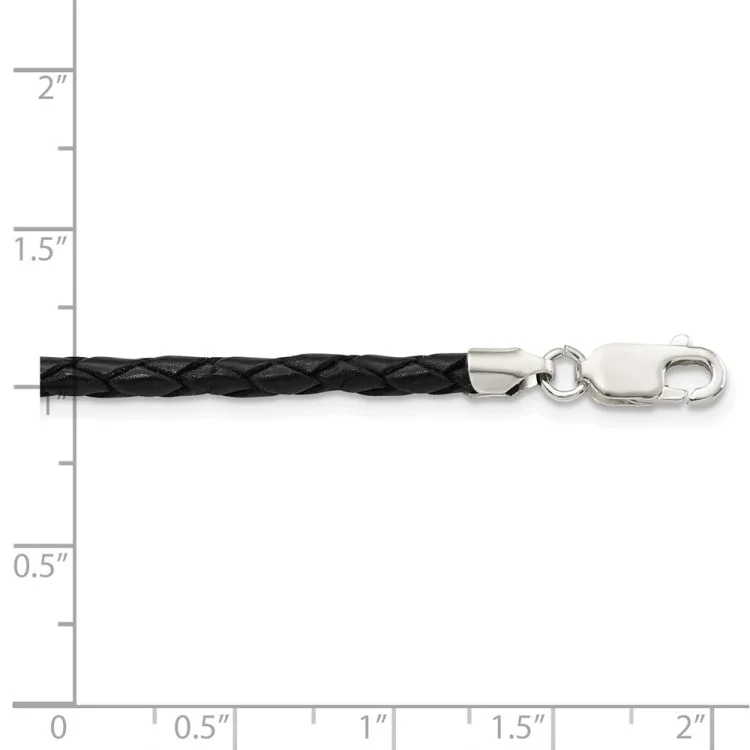 Sterling Silver 3mm Black Leather Braided Necklace