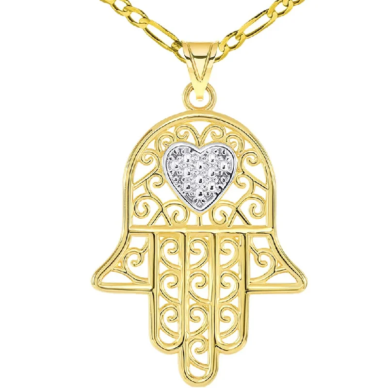 Solid 14k Yellow Gold Filigree-Style Hamsa Hand with Heart Pendant Figaro Chain Necklace