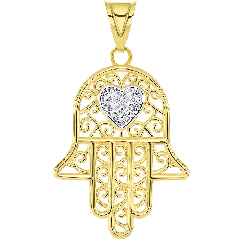 Solid 14k Yellow Gold Filigree-Style Hamsa Hand with Heart Pendant