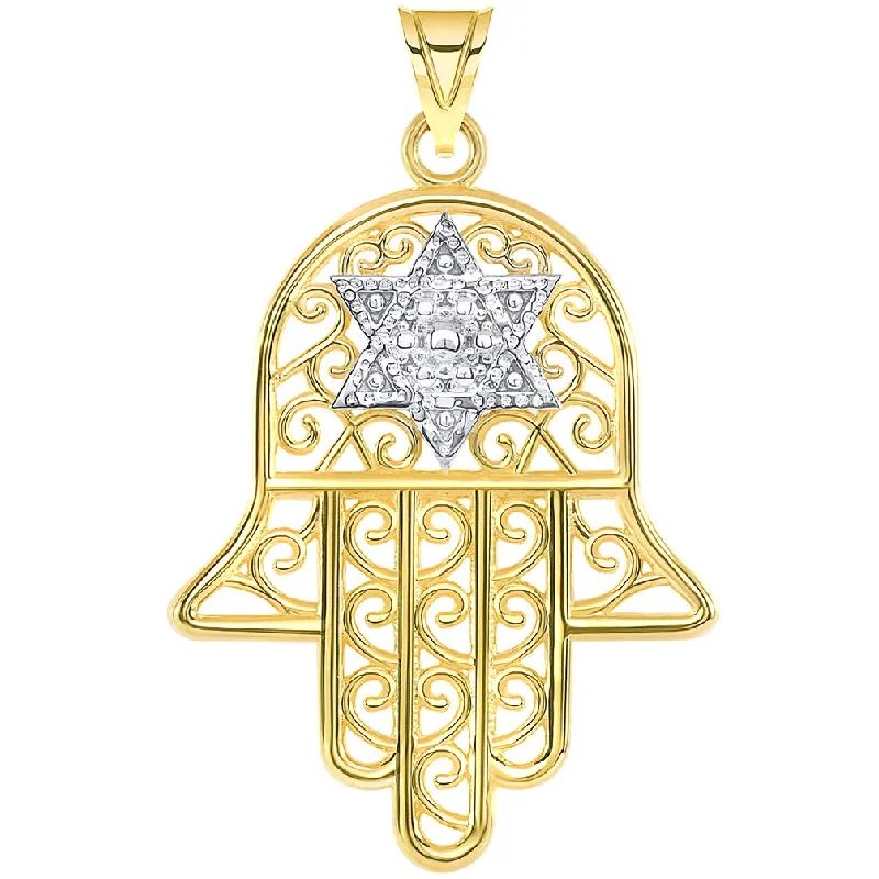 Solid 14k Yellow Gold Filigree-Style Hamsa Hand with Star of David Pendant